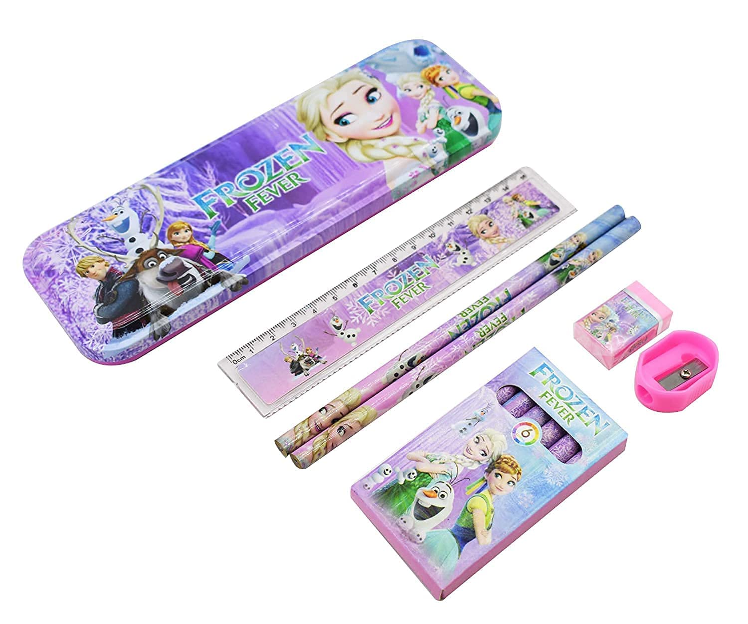 Multicolor Frozen Fever school supply kit for children, featuring Elsa and Anna on pencils, pencil case, sharpener, eraser, ruler, and crayons. Complete stationery set for young fans.www.usmile.toys